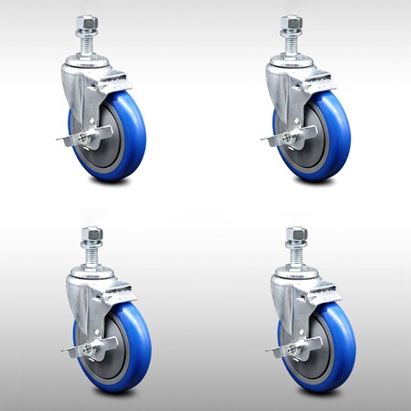 Service Caster 5 Inch SS Blue Polyurethane Swivel 12mm Threaded Stem Caster Set Brake SCC SCC-SSTS20S514-PPUB-BLUE-TLB-M1215-4